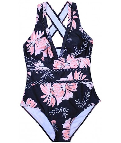 One-Pieces Swimwuit One Piece Deep V-Neck Mesh Swimwear Push-Up Retro Printed Bikini Suit(S-XL) - Pink - C7193YQDXAO $32.82