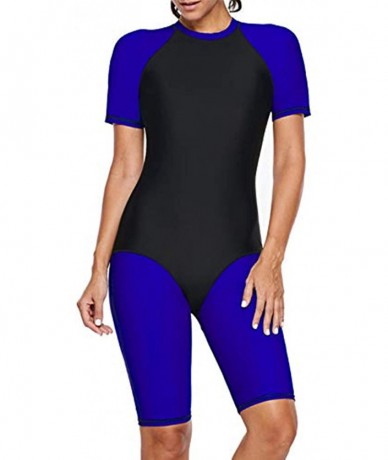 One-Pieces Womens Zip Front Color Block Short Sleeve/Long Sleeve One Piece Swimsuit Swimwear - Blue - CF18KA3ZHG3 $40.14