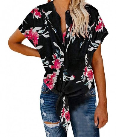 Rash Guards Short Sleeve Button Tie Knot Print Tops Summer Shirt Blouses - Black - C218TEESDID $31.48