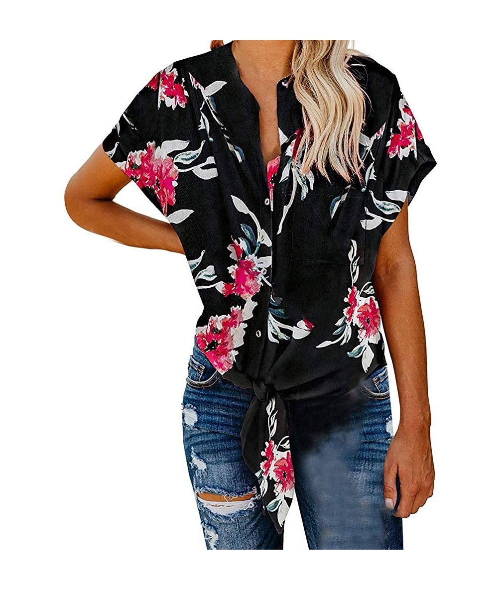 Rash Guards Short Sleeve Button Tie Knot Print Tops Summer Shirt Blouses - Black - C218TEESDID $31.48