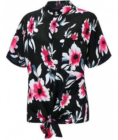 Rash Guards Short Sleeve Button Tie Knot Print Tops Summer Shirt Blouses - Black - C218TEESDID $31.48