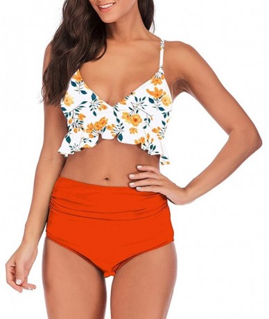 Sets Women Bikini Plus Size Ruffle Lotus Leaf Print High Waist Split Two Piece Swimsuits Set - Orange 4$ - C818S7ODAQZ $43.03