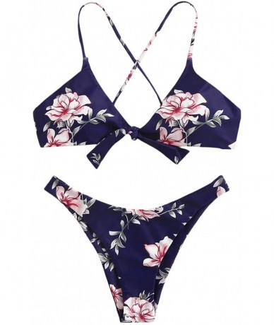 Sets Women's Sexy Bathing Suit Floral Print Cross Back Bikini Set Swimsuits - Navy-3 - CY194L5C3Q5 $26.77