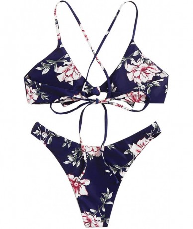 Sets Women's Sexy Bathing Suit Floral Print Cross Back Bikini Set Swimsuits - Navy-3 - CY194L5C3Q5 $26.77