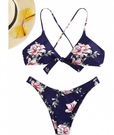 Sets Women's Sexy Bathing Suit Floral Print Cross Back Bikini Set Swimsuits - Navy-3 - CY194L5C3Q5 $26.77