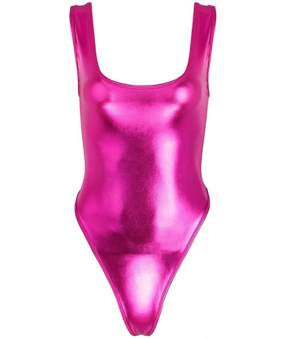 One-Pieces Women's Shiny Metallic One Piece Swimsuit Bikini Thong Swimwear Beachwear - Rose - CQ12IZ1SGGR $22.03