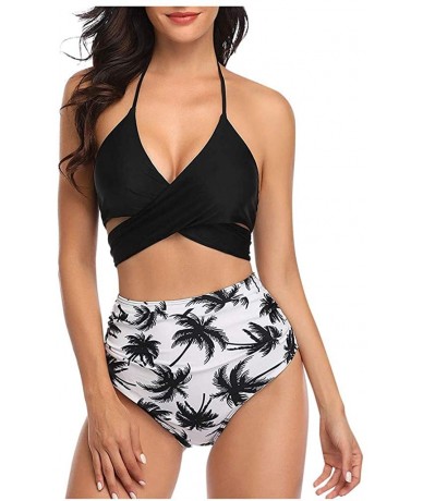 Racing Women Teen Girls Bohemia High Waisted Bikini Set Halter Swimsuit Swimwear Suits - Wrap - Black Leaf - C51952NWU79 $25.32