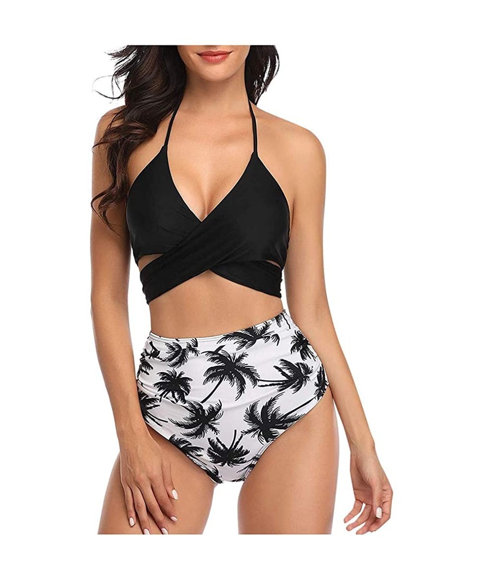 Racing Women Teen Girls Bohemia High Waisted Bikini Set Halter Swimsuit Swimwear Suits - Wrap - Black Leaf - C51952NWU79 $25.32