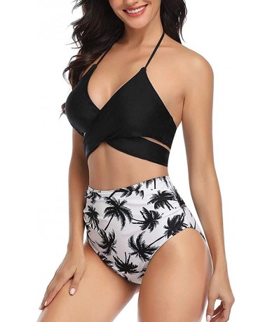 Racing Women Teen Girls Bohemia High Waisted Bikini Set Halter Swimsuit Swimwear Suits - Wrap - Black Leaf - C51952NWU79 $25.32