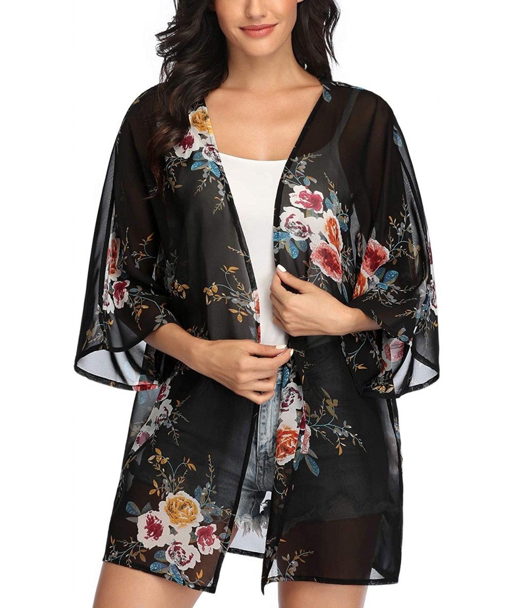 Cover-Ups Women's Floral Print Kimonos Loose Tops Half Sleeve Shawl Chiffon Cardigan Blouses Casual Beach Cover Ups H black2 ...