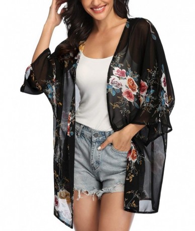 Cover-Ups Women's Floral Print Kimonos Loose Tops Half Sleeve Shawl Chiffon Cardigan Blouses Casual Beach Cover Ups H black2 ...