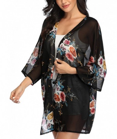 Cover-Ups Women's Floral Print Kimonos Loose Tops Half Sleeve Shawl Chiffon Cardigan Blouses Casual Beach Cover Ups H black2 ...