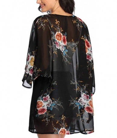 Cover-Ups Women's Floral Print Kimonos Loose Tops Half Sleeve Shawl Chiffon Cardigan Blouses Casual Beach Cover Ups H black2 ...