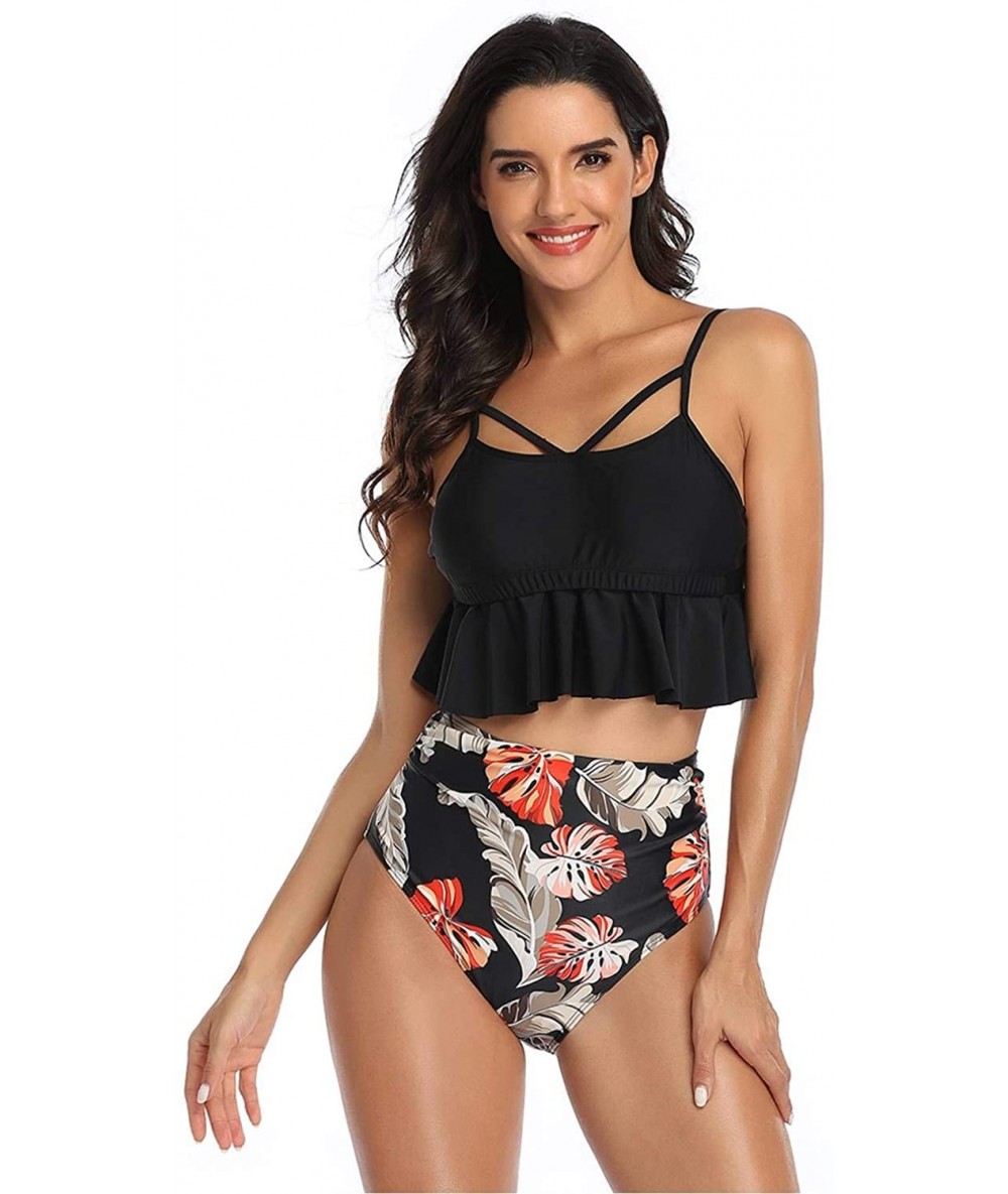 Sets Women's High Neck Two Piece Bathing Suits Top Ruffled High Waist Swimsuit Tankini Bikini Sets - Black +Leaves 2 - CF19DD...