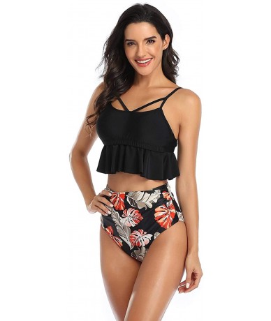 Sets Women's High Neck Two Piece Bathing Suits Top Ruffled High Waist Swimsuit Tankini Bikini Sets - Black +Leaves 2 - CF19DD...