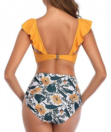 Sets Swimsuits for Women Tummy Control Two Piece Bathing Suit Top Tropical Ruffled Racerback High Waisted Tankini Z2 yellow -...