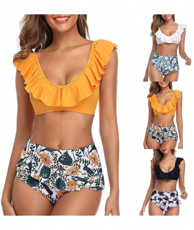 Sets Swimsuits for Women Tummy Control Two Piece Bathing Suit Top Tropical Ruffled Racerback High Waisted Tankini Z2 yellow -...