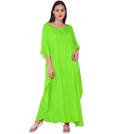 Cover-Ups Women's Tunic Rayon Embroidered Maxi Caftan Summer Dress (Free Size) - Lime Green - C218KKXOLQK $42.01