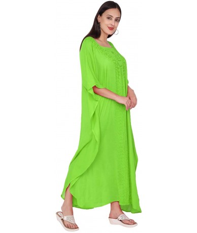 Cover-Ups Women's Tunic Rayon Embroidered Maxi Caftan Summer Dress (Free Size) - Lime Green - C218KKXOLQK $42.01