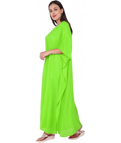 Cover-Ups Women's Tunic Rayon Embroidered Maxi Caftan Summer Dress (Free Size) - Lime Green - C218KKXOLQK $42.01