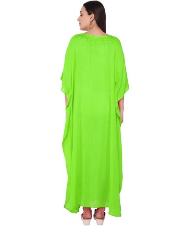 Cover-Ups Women's Tunic Rayon Embroidered Maxi Caftan Summer Dress (Free Size) - Lime Green - C218KKXOLQK $42.01