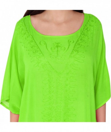 Cover-Ups Women's Tunic Rayon Embroidered Maxi Caftan Summer Dress (Free Size) - Lime Green - C218KKXOLQK $42.01