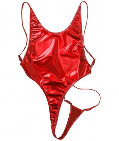 One-Pieces Women's Wet Look Brazilian Bikini High Cut Thongs Leotard Backless Slingshot Swimsuit - Red - CB194UO3IMU $34.43