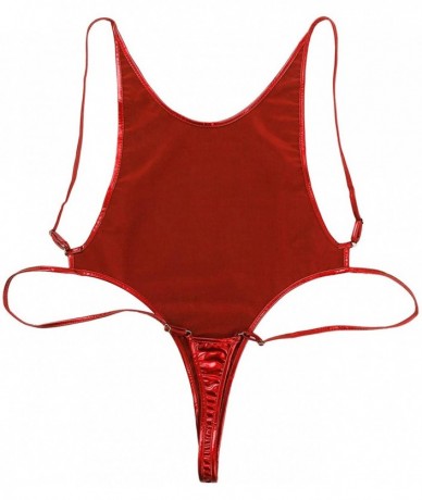 One-Pieces Women's Wet Look Brazilian Bikini High Cut Thongs Leotard Backless Slingshot Swimsuit - Red - CB194UO3IMU $34.43