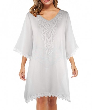 Cover-Ups Womens Crochet Mesh Sheer Swimsuit Bathing Suit Bikini Cover Ups Beach Swimwear Dress - White - CB196YA59R8 $35.97