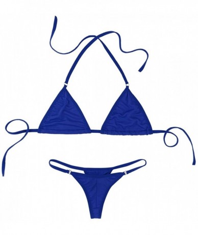 Sets Women's Halterneck Micro Bra Top V String Thongs Mini Triangle Bikini Set Swimsuit - Royal Blue - C018N7YALK5 $33.49