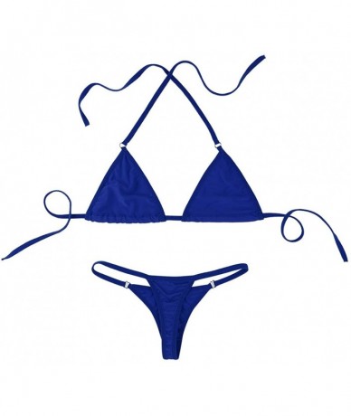 Sets Women's Halterneck Micro Bra Top V String Thongs Mini Triangle Bikini Set Swimsuit - Royal Blue - C018N7YALK5 $33.49