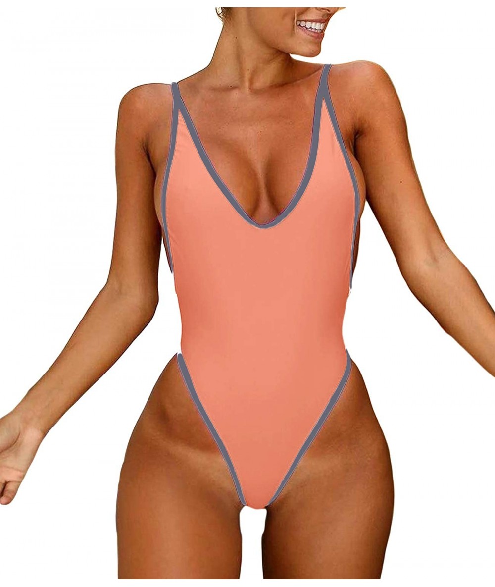 One-Pieces Sexy Womens Monokini Deep V One Piece Backless Cheeky Swimwear Semi Thong Bikini - Neon Pink - CG18SIZ6MIY $33.80