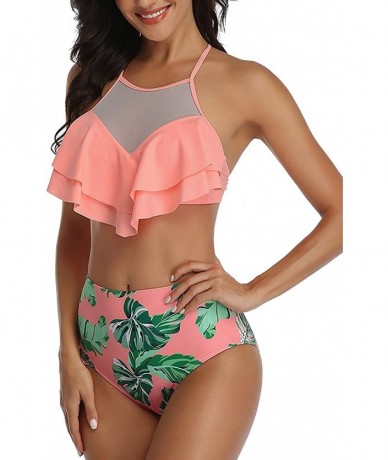 Sets Women's High Waisted Bikini Mesh Flounce Ruffle Top Swimsuits Floral Two Piece Bathing Suits - Orange - CV193NH8KK3 $43.19