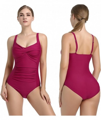 One-Pieces Womens Retro One Piece Swimsuit Tummy Control Slimming Bathing Suit Ruched Swimwear(Size 6 24w) Removable cups red...