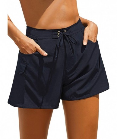 Board Shorts Women's Board Shorts Quick Dry Side Buckle Pockets Swimsuit Beach Bottom - Navy Blue - CL199MZDY2A $29.19