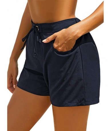 Board Shorts Women's Board Shorts Quick Dry Side Buckle Pockets Swimsuit Beach Bottom - Navy Blue - CL199MZDY2A $29.19