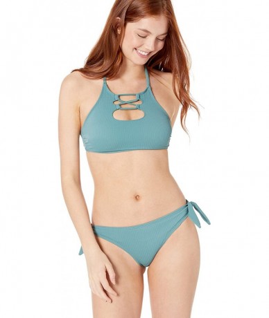 Tops Women's High Neck Halter Bikini Top with Keyhole Lace Up - Ribbed Pine - CA18L9Y95UK $28.60