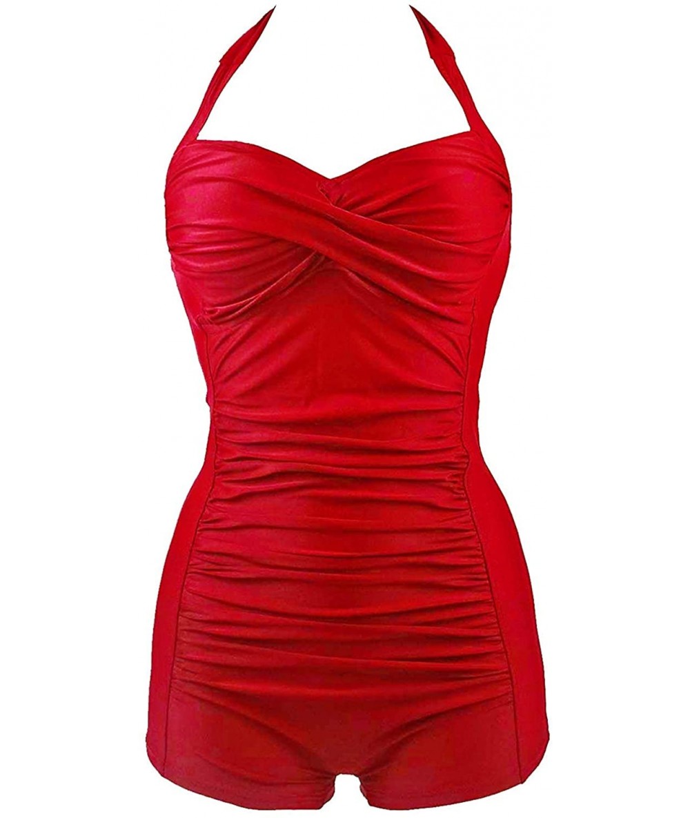 One-Pieces Women One Piece Swimsuit Retro Bogleg Style Inspired Boy-Leg Ruched Monokinis Swimsuit - Red - CU18TH494M4 $61.53