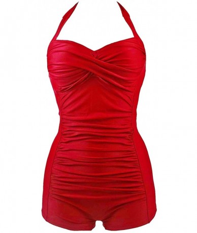 One-Pieces Women One Piece Swimsuit Retro Bogleg Style Inspired Boy-Leg Ruched Monokinis Swimsuit - Red - CU18TH494M4 $61.53