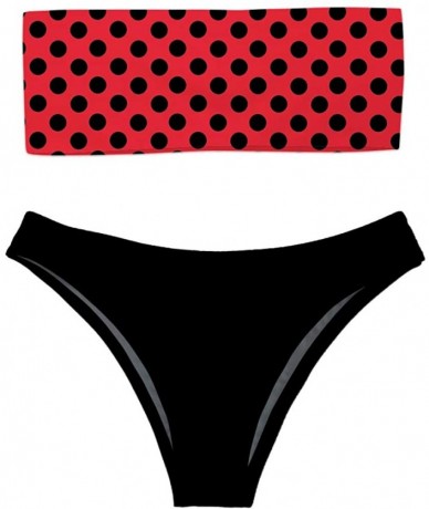 Sets Women 2 Pieces Bandeau Bikini Swimsuit Off Shoulder High Waist Bathing Suit Red Black Polka Dot With Black Bottom - C618...