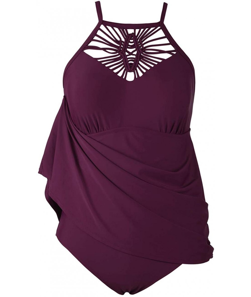 One-Pieces Women's Swimdress High Neck Braid Macrame One Piece Swimsuits - Burgundy - CE18RUAIUYH $49.78