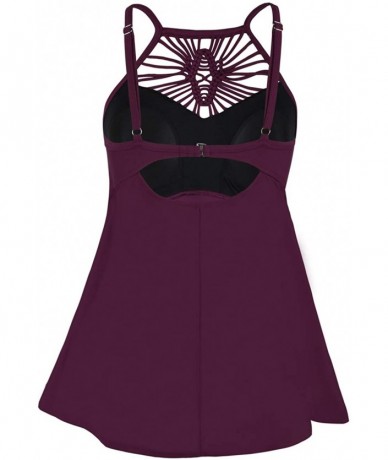 One-Pieces Women's Swimdress High Neck Braid Macrame One Piece Swimsuits - Burgundy - CE18RUAIUYH $49.78