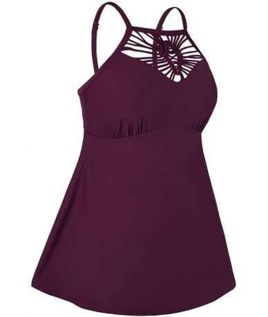 One-Pieces Women's Swimdress High Neck Braid Macrame One Piece Swimsuits - Burgundy - CE18RUAIUYH $49.78