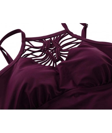 One-Pieces Women's Swimdress High Neck Braid Macrame One Piece Swimsuits - Burgundy - CE18RUAIUYH $49.78