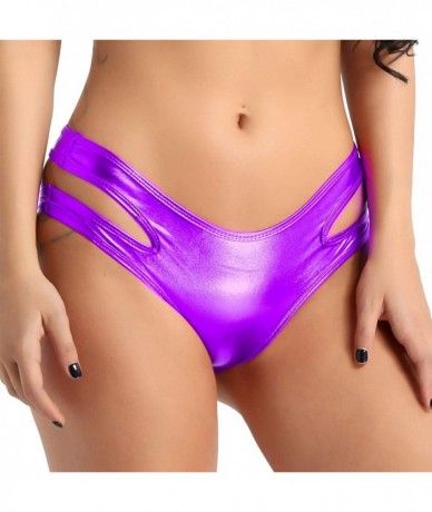 Tankinis Women's Wet Look Liquid Hollow Out Bikini Bottoms Side Straps Mini Briefs Booty Shorts - Purple - CD18L8II9KL $29.28