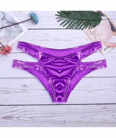 Tankinis Women's Wet Look Liquid Hollow Out Bikini Bottoms Side Straps Mini Briefs Booty Shorts - Purple - CD18L8II9KL $29.28