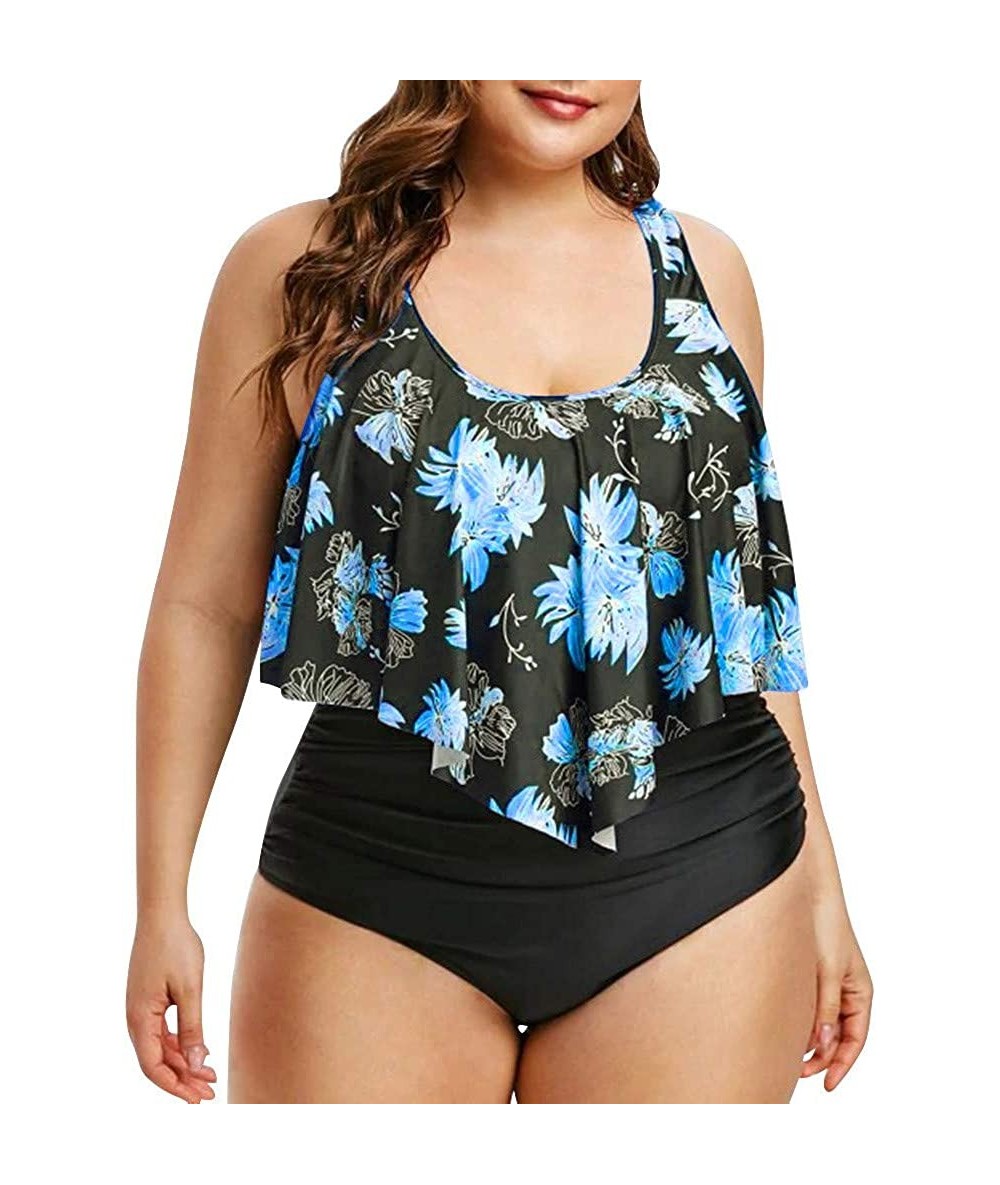 Bottoms Swimsuits for Women Two Piece Bathing Suits Ruffled Flounce Top with High Waisted Bottom Bikini Set - E-blue - C8194E...