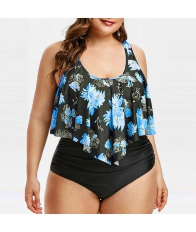 Bottoms Swimsuits for Women Two Piece Bathing Suits Ruffled Flounce Top with High Waisted Bottom Bikini Set - E-blue - C8194E...