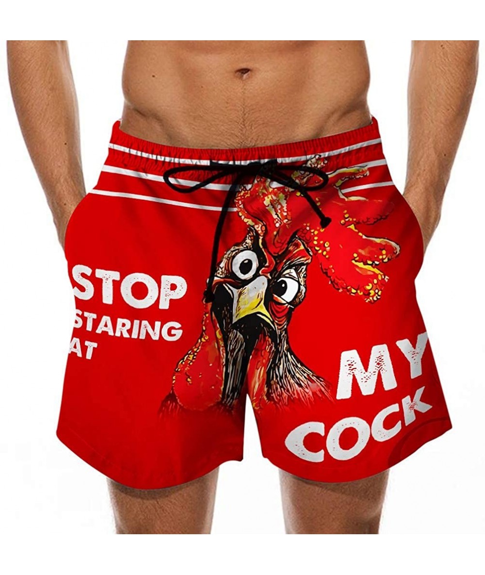 Board Shorts Stop Staring at My Cock Swim Trunks Novelty Casual Drawstring Beach Board Shorts for Gym with Pockets - Red - CP...