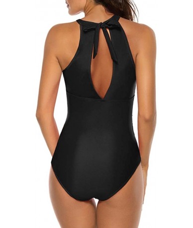 One-Pieces Womens One Piece Monokini High Neck Mesh Plunge Swimsuit Swimwear - Black - CF1934A9ELR $44.80